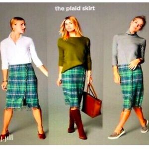 J Jill plaid wool fringe wrap style pencil skirt.